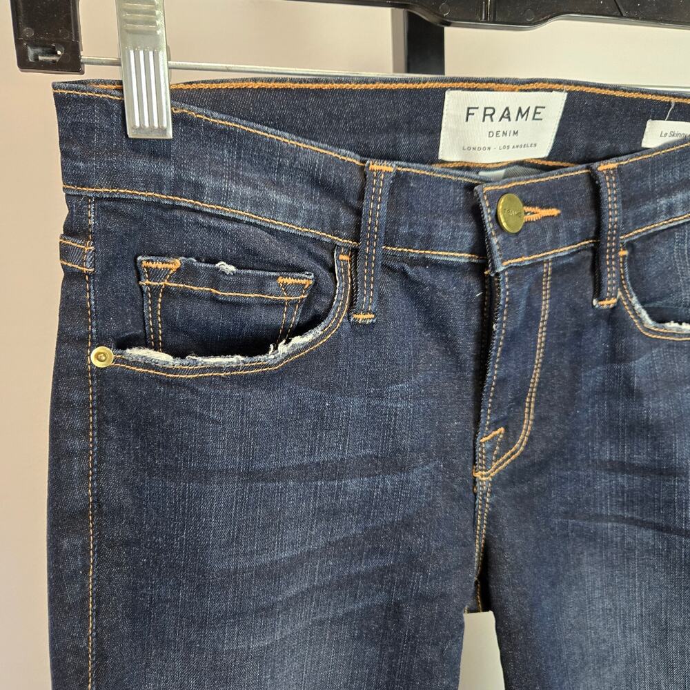 Frame Le Skinny de Jeane Denim Jeans Women's Edgeware‎ Dark Wash Raw Hem 25 - Picture 3 of 9